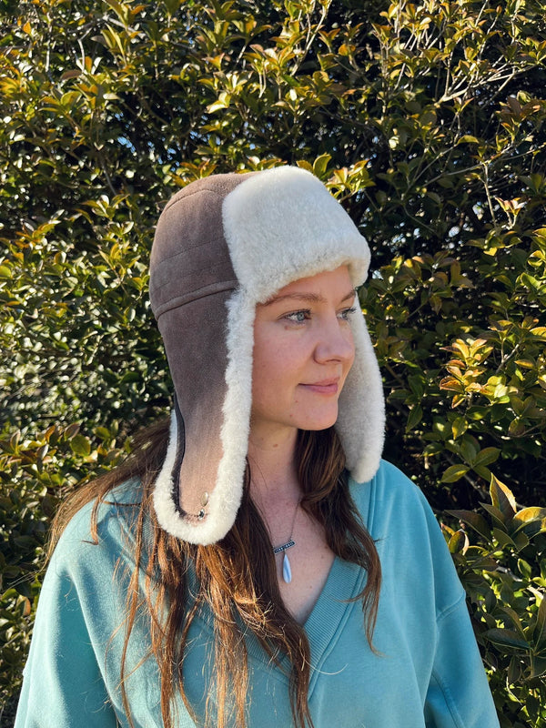 Sheepskin and leather pilot hat in tan 