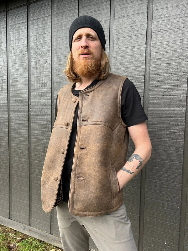Man wearing the rancher sheepskin vest